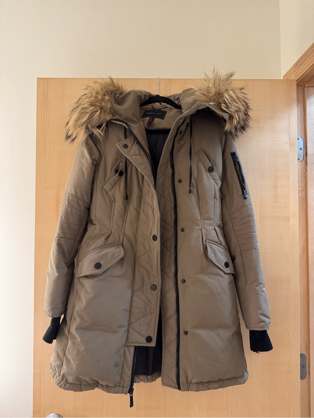 BCBGMaxAzria Khaki Long Puffer Coat with Fur Trim